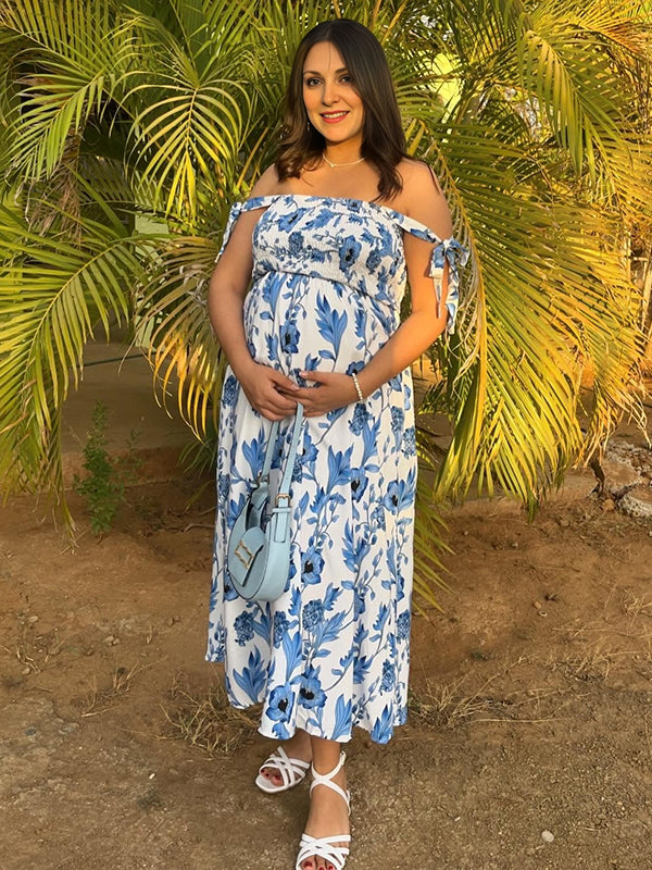 Robe longue grossesse imprimé fleurie fluide trapèze bleu clair