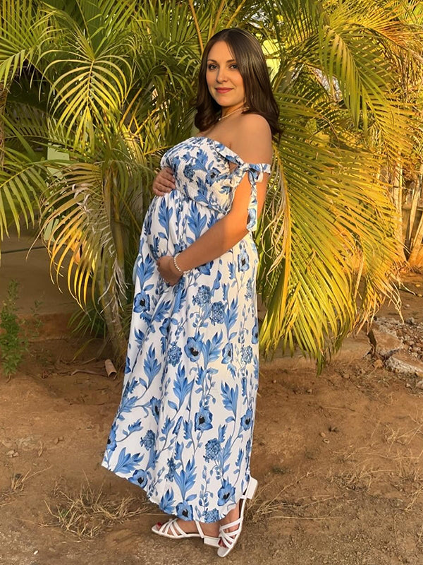 Robe longue grossesse imprimé fleurie fluide trapèze bleu clair