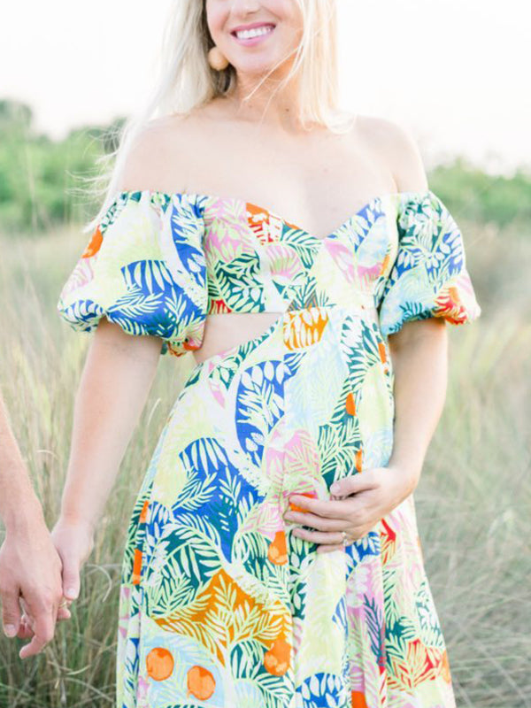 Robe photo longue grossesse imprimé feuille dos nu fluide jaune