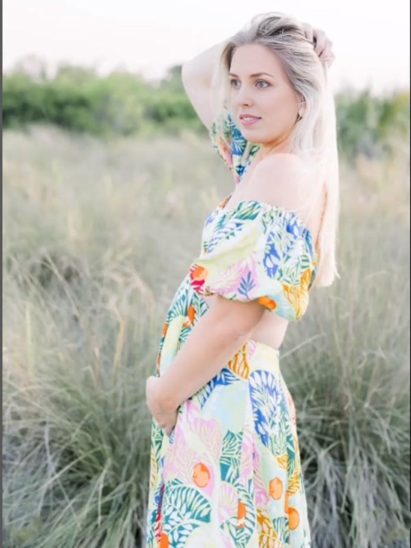 Robe photo longue grossesse imprimé feuille dos nu fluide jaune