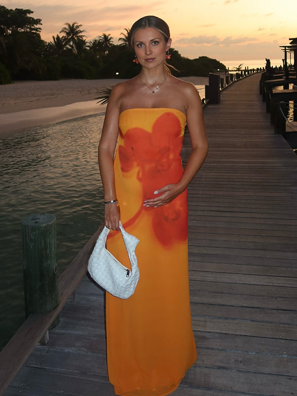 Robe longue grossesse imprimé fleurie fluide bustier orange