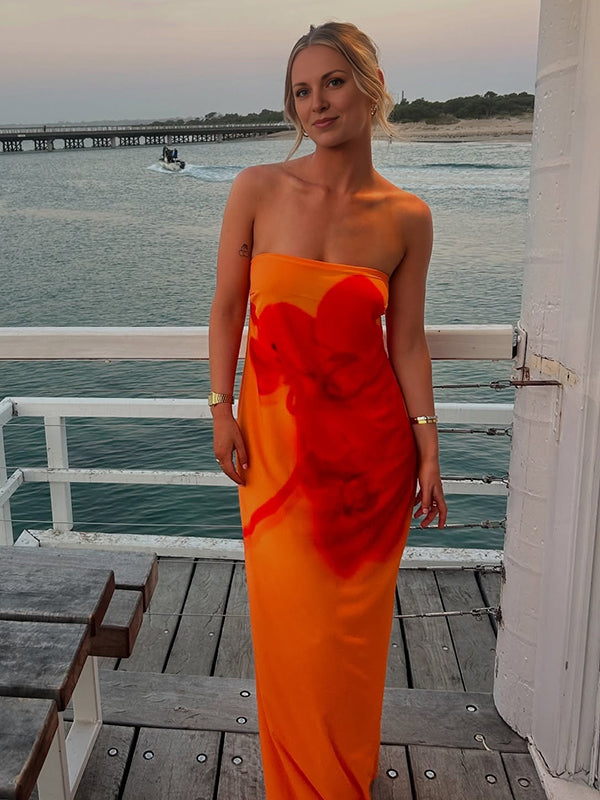Robe longue grossesse imprimé fleurie fluide bustier orange