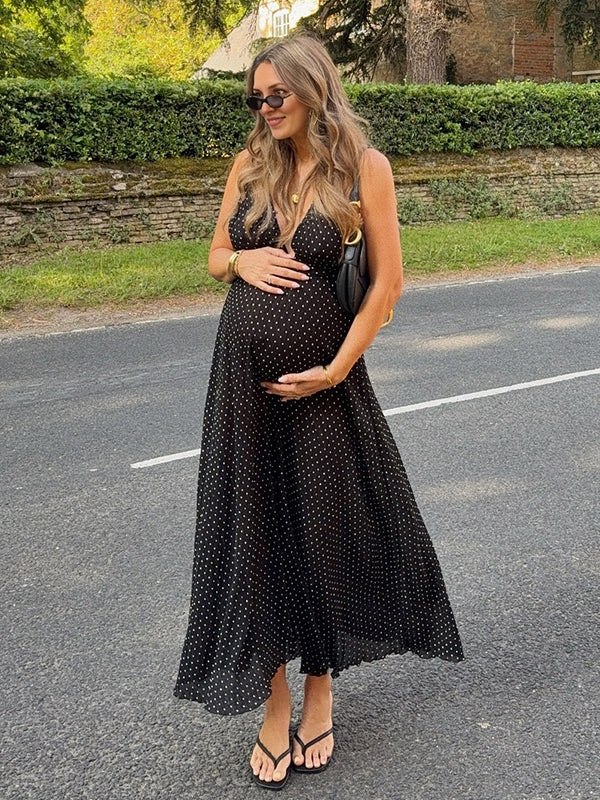 Robe longue grossesse pois dos nu fluide trapèze licou noir
