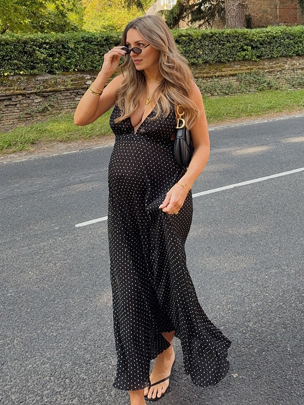 Robe longue grossesse pois dos nu fluide trapèze licou noir