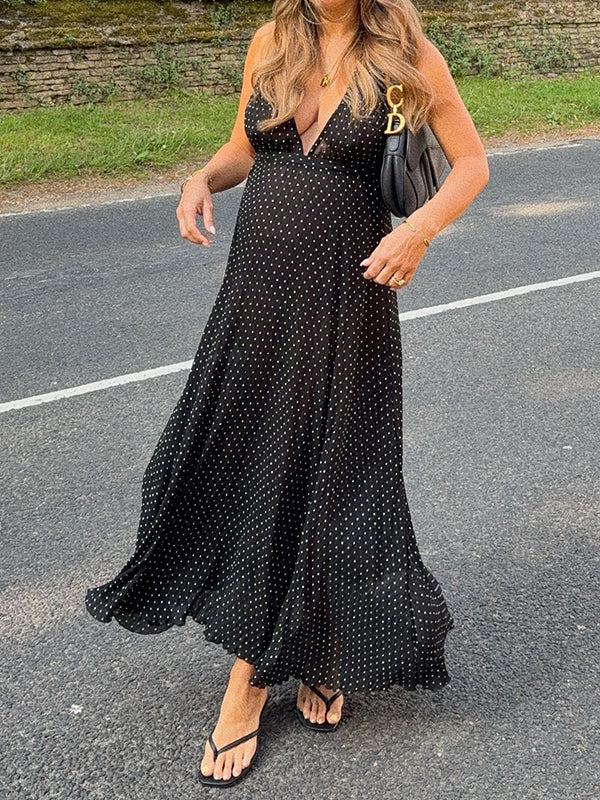 Robe longue grossesse pois dos nu fluide trapèze licou noir