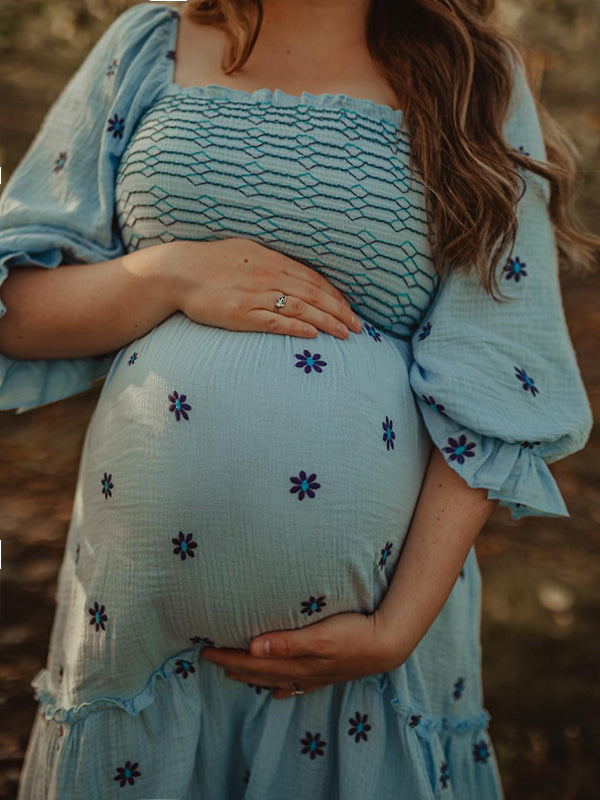 Robes longue de grossesse plis manches trompette-Bleu
