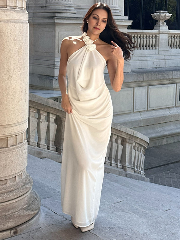 Robe longue grossesse 3D fleurie dos nu licou blanche