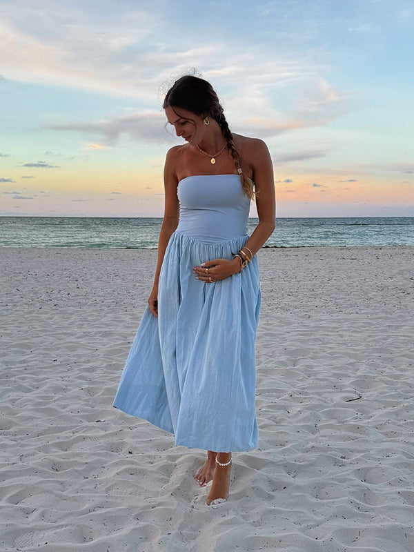 Robe longue grossesse fluide trapèze bustier photo bleu