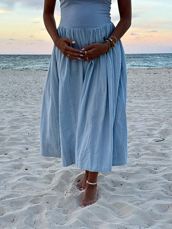 Robe longue grossesse fluide trapèze bustier photo bleu