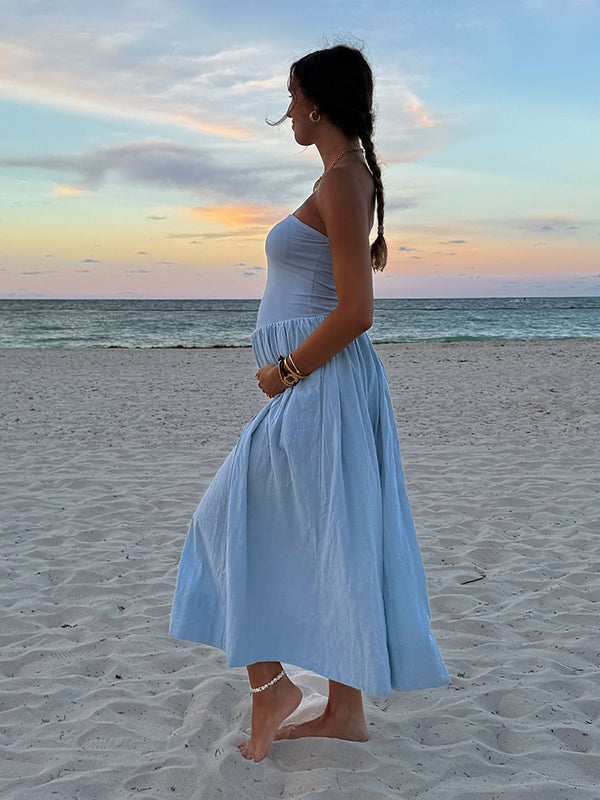 Robe longue grossesse fluide trapèze bustier photo bleu