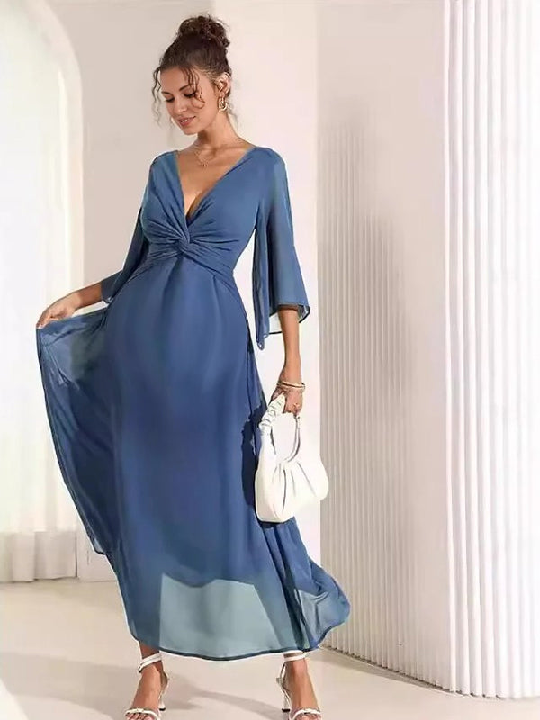 Robe longue grossesse nœud mousseline fluide trapèze bleu saphir