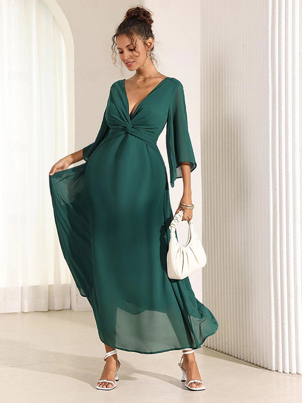 Robe longue grossesse nœud mousseline fluide trapèze vert