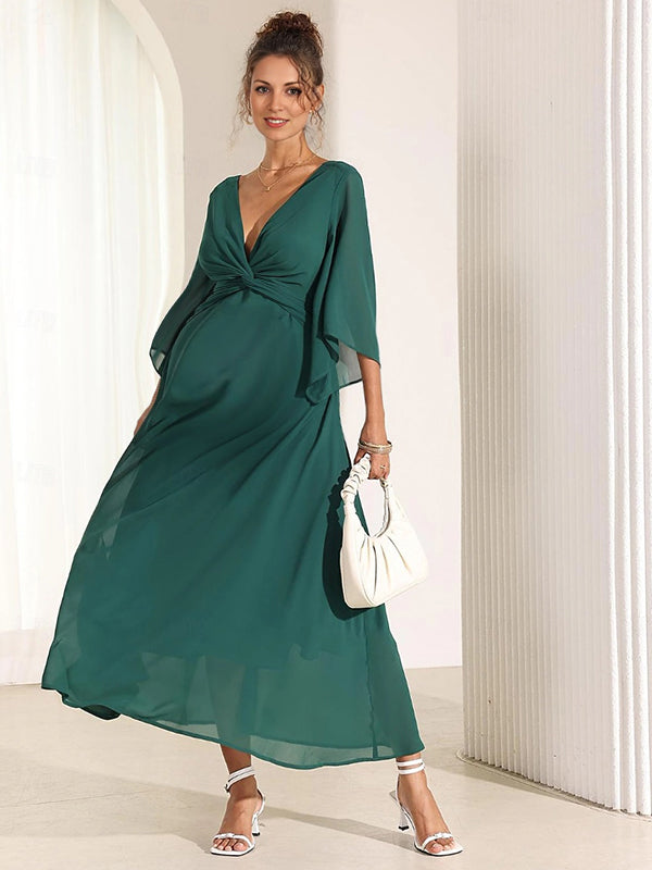 Robe longue grossesse nœud mousseline fluide trapèze vert