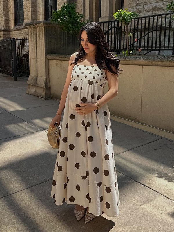 Robe longue grossesse pois fluide trapèze spaghettiträger beige
