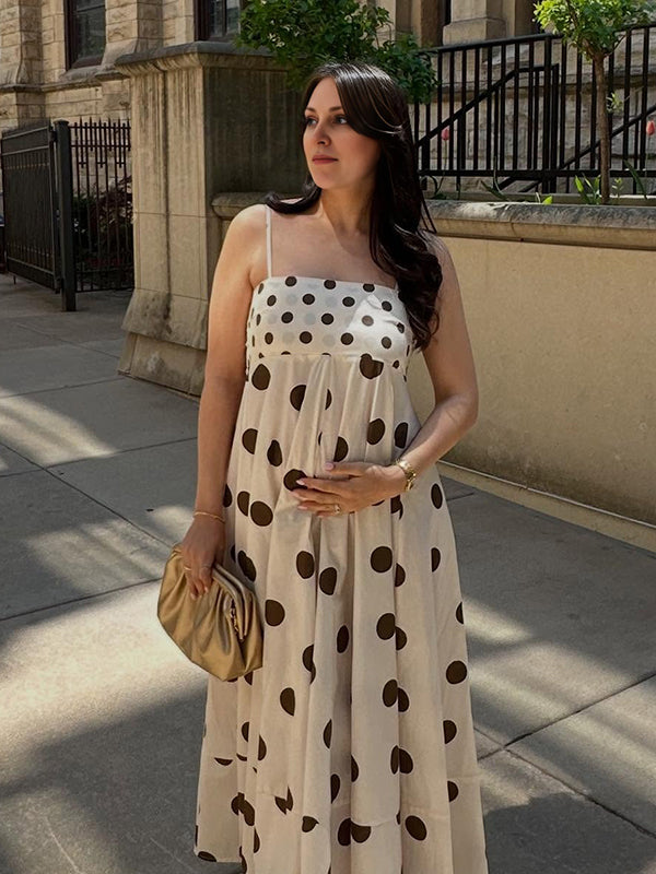 Robe longue grossesse pois fluide trapèze spaghettiträger beige
