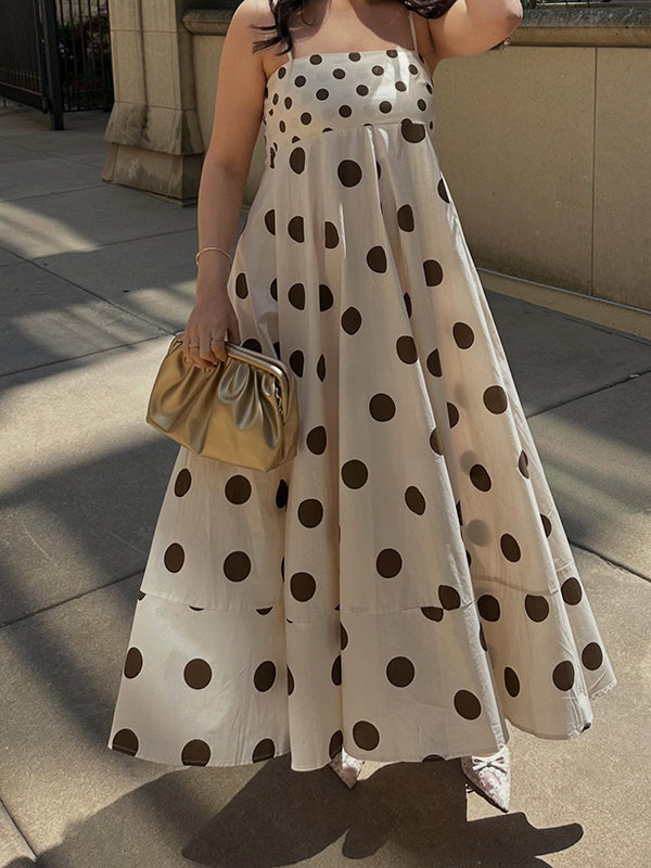 Robe longue grossesse pois fluide trapèze spaghettiträger beige