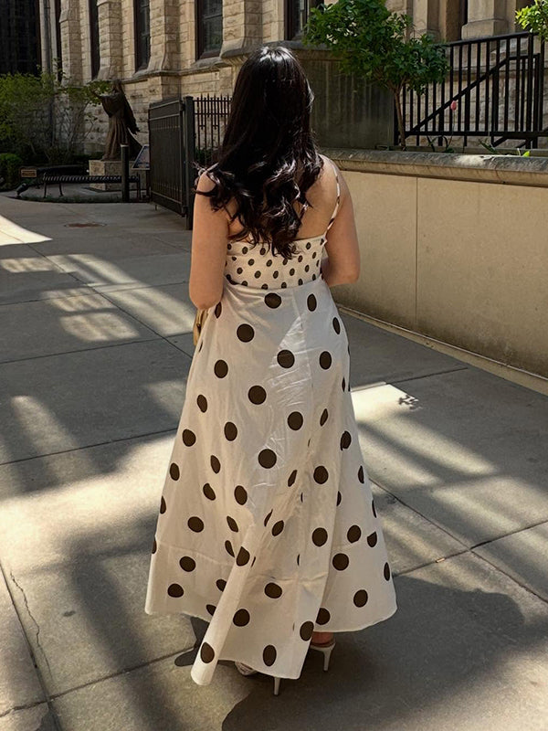 Robe longue grossesse pois fluide trapèze spaghettiträger beige