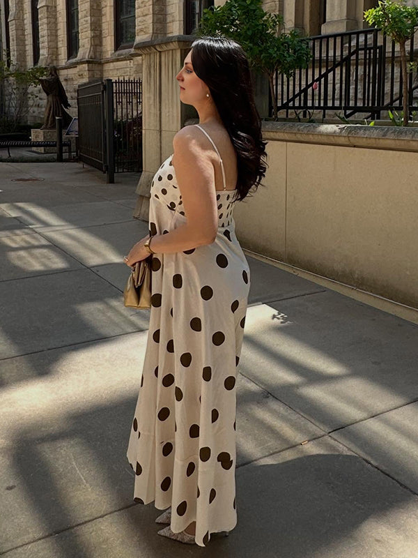 Robe longue grossesse pois fluide trapèze spaghettiträger beige