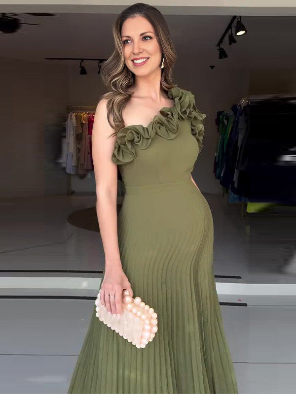 Robe longue grossesse volants plissé épaule asymétrique vert olive