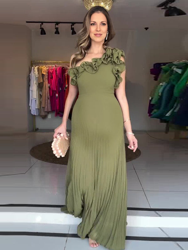 Robe longue grossesse volants plissé épaule asymétrique vert olive