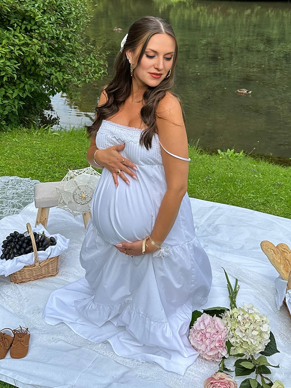Robe photo longue grossesse dentelle fluide trapèze blanche