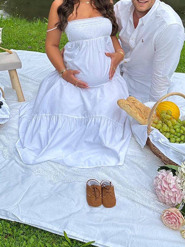 Robe photo longue grossesse dentelle fluide trapèze blanche
