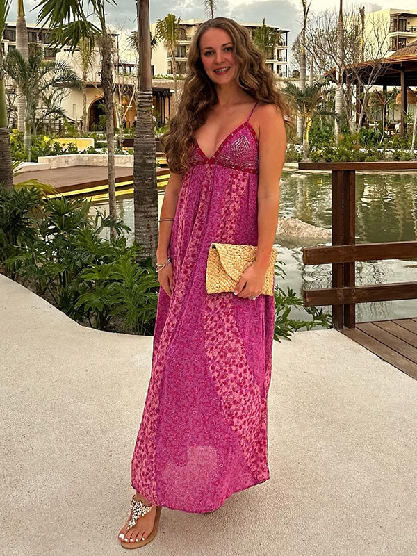 Robe longue grossesse imprimé fleurie fluide trapèze rose framboise