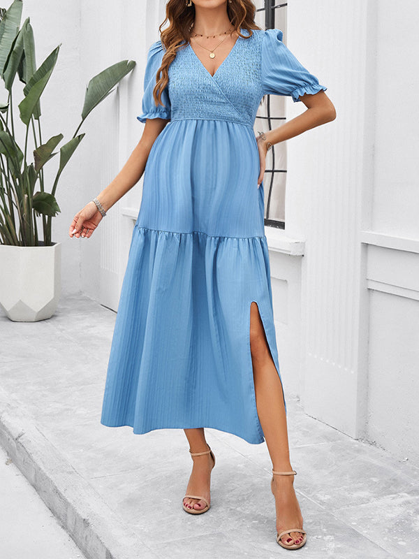 Robe longue grossesse fendu le côté fluide trapèze bleu