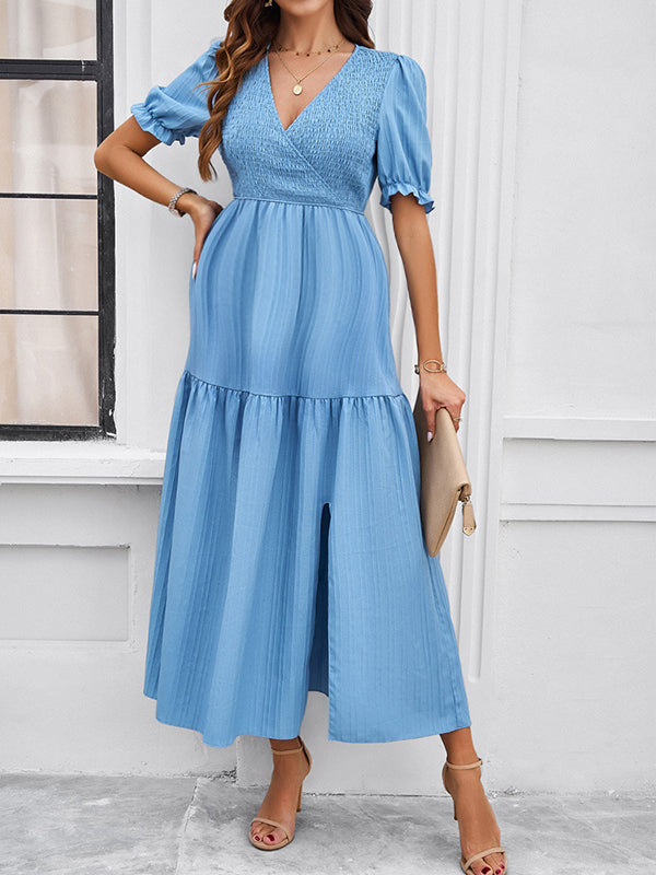Robe longue grossesse fendu le côté fluide trapèze bleu