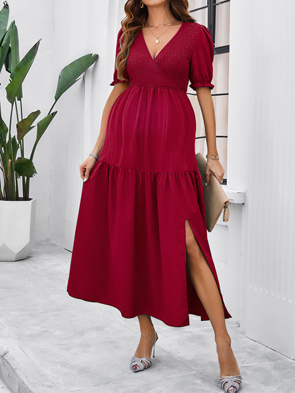 Robe longue grossesse fendu le côté fluide trapèze bordeaux
