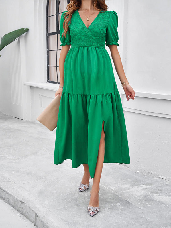 Robe longue grossesse fendu le côté fluide trapèze vert
