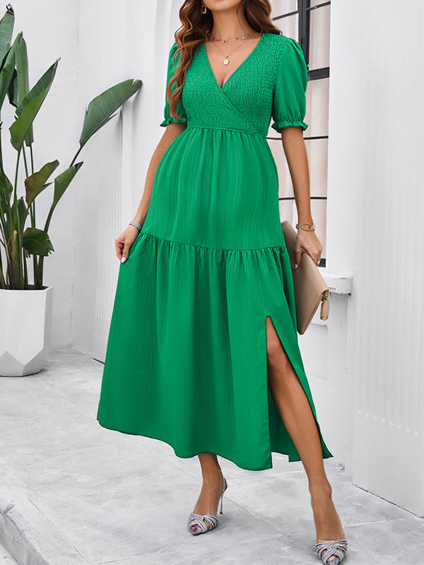 Robe longue grossesse fendu le côté fluide trapèze vert