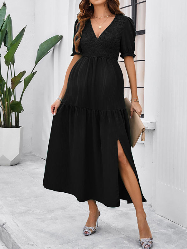 Robe longue grossesse fendu le côté fluide trapèze noir