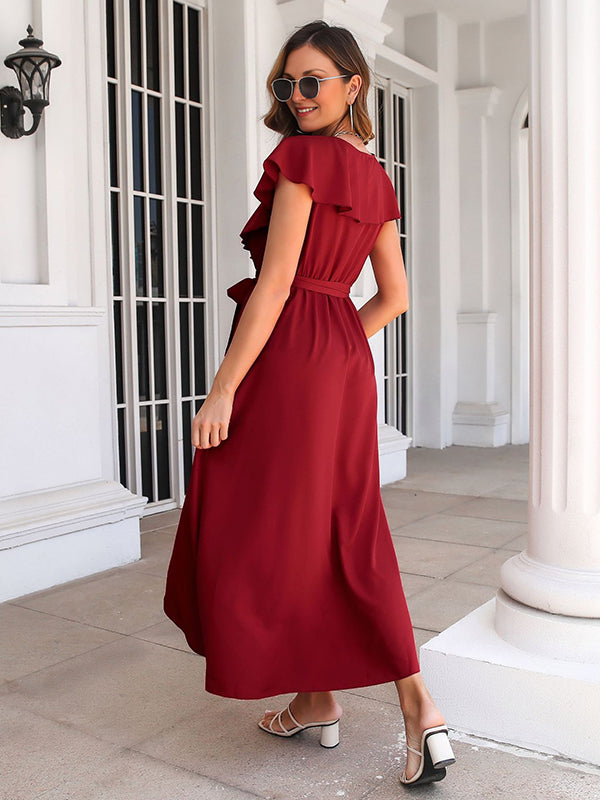 Robe longue grossesse volants ceinture fendu le côté bordeaux
