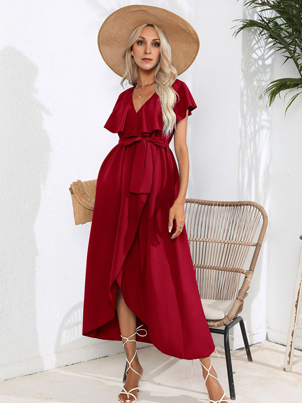 Robe longue grossesse volants ceinture fendu le côté bordeaux