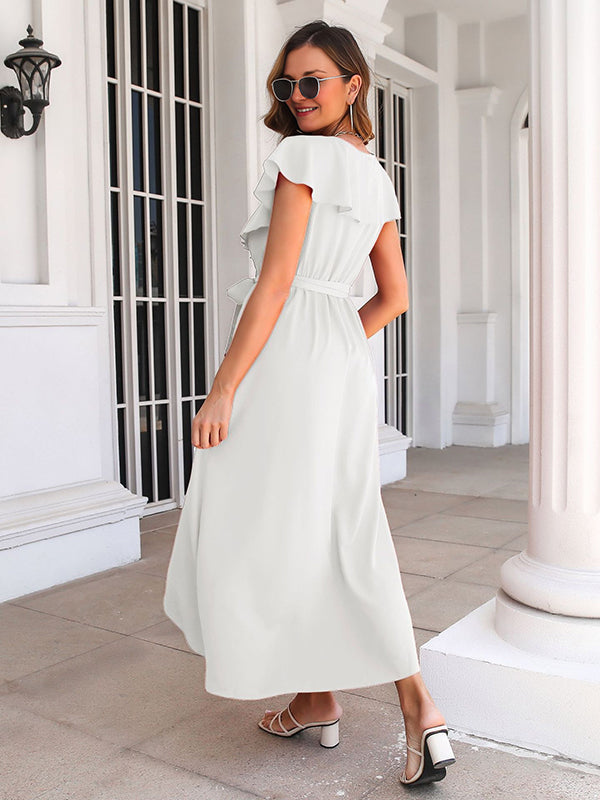 Robe longue grossesse volants ceinture fendu le côté blanche