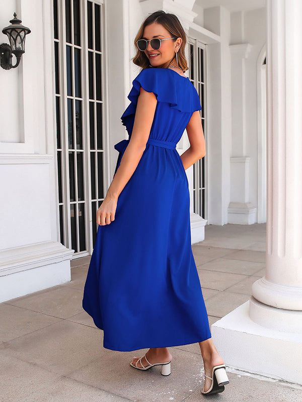 Robe longue grossesse volants ceinture fendu le côté bleu