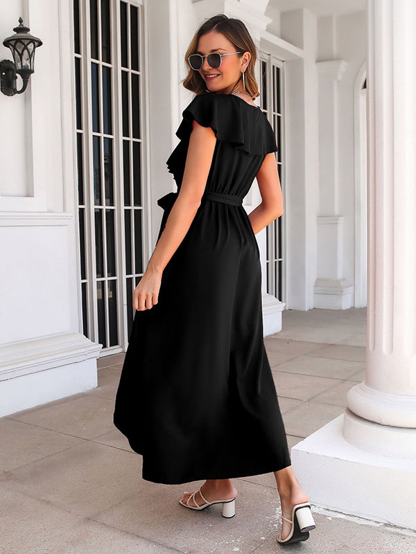 Robe longue grossesse volants ceinture fendu le côté noir