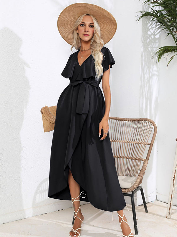 Robe longue grossesse volants ceinture fendu le côté noir