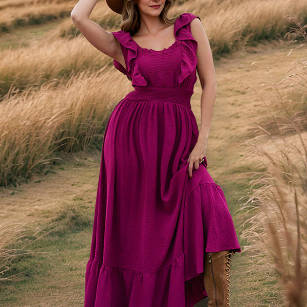 Robe longue grossesse volants fluide taille élastique violet