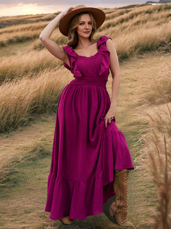 Robe longue grossesse volants fluide taille élastique violet