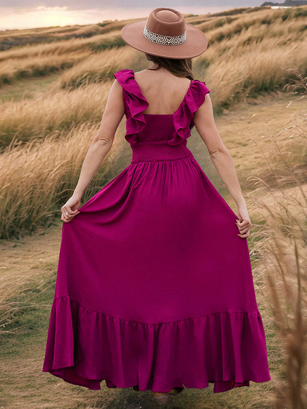 Robe longue grossesse volants fluide taille élastique violet