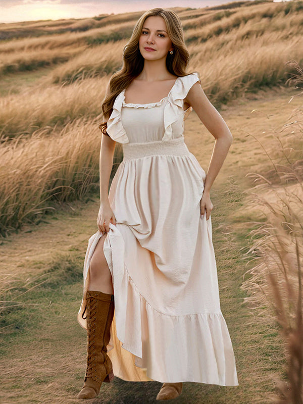 Robe longue grossesse volants fluide taille élastique abricot
