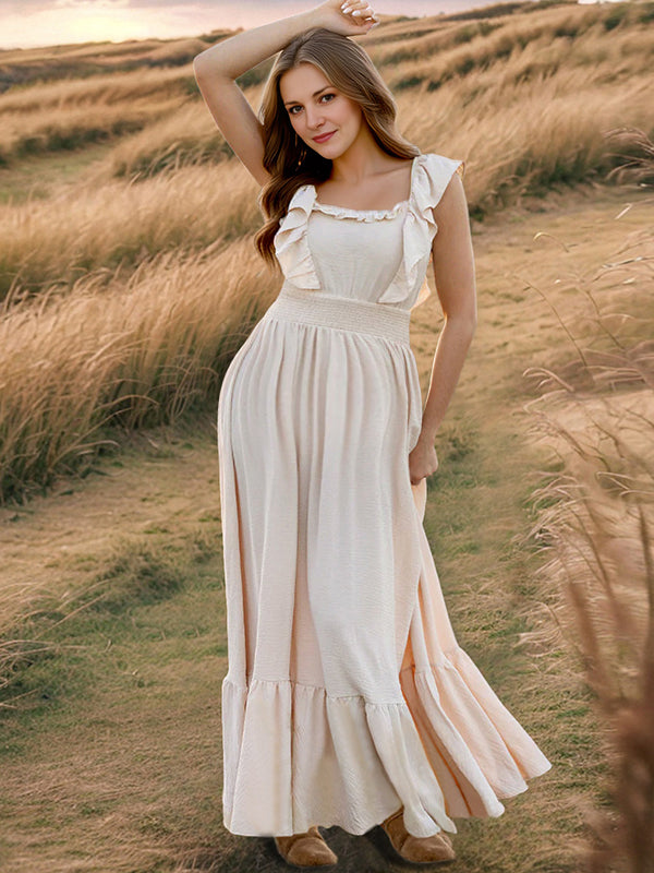 Robe longue grossesse volants fluide taille élastique abricot