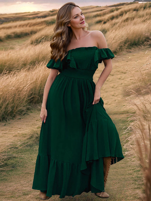 Robe longue grossesse volants fluide taille élastique vert