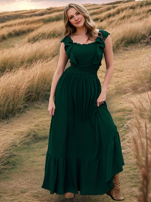Robe longue grossesse volants fluide taille élastique vert