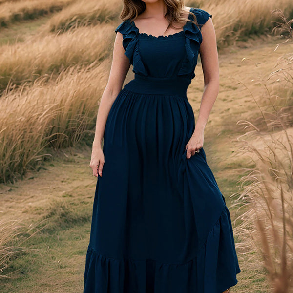 Robe longue grossesse volants fluide taille élastique bleu
