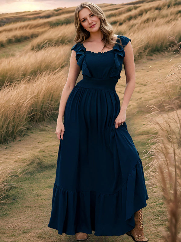 Robe longue grossesse volants fluide taille élastique bleu