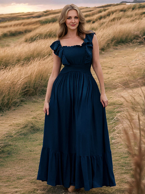 Robe longue grossesse volants fluide taille élastique bleu