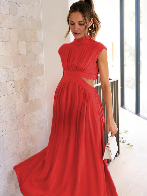 Beaumama robe longue de grossesse taille découpée à col montant chic et douce femme enceinte
